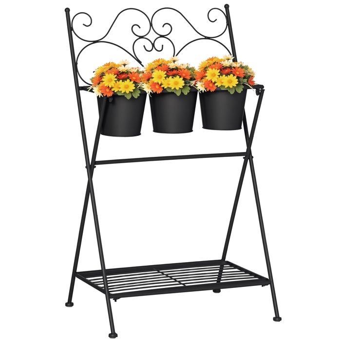 LIA Pot à plantes en métal pliable avec 3 pots et étagère inférieure pour la maison et le jardin 47x37x78 5 cm noir