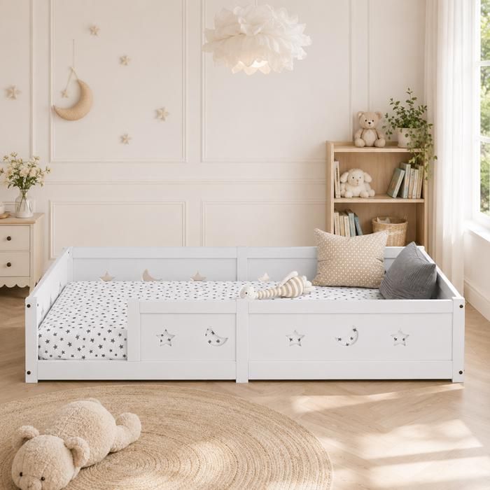Lit enfant Montessori 140x200 EZSSW bois massif barrières de sécurité porte réversible motif étoile et lune blanc lit au sol