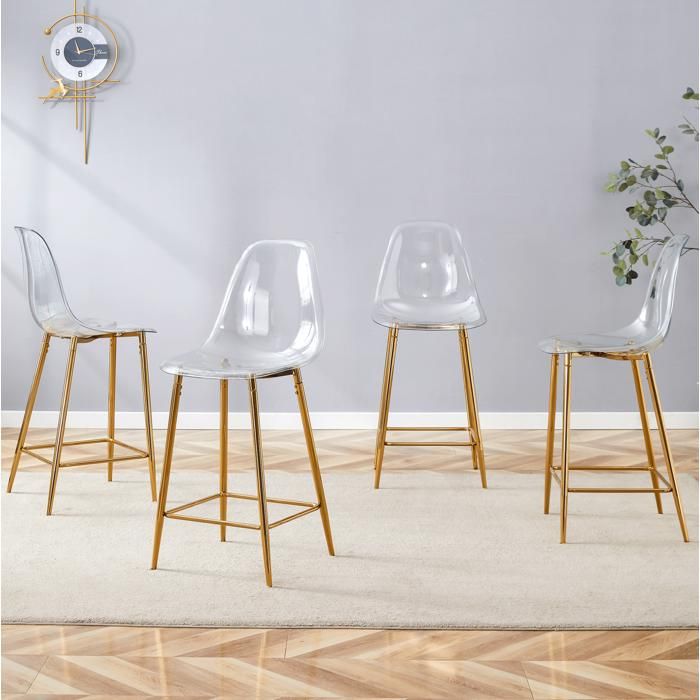 Lot de 4 tabourets de bar transparents avec structure en métal doré et repose-pieds pour cuisine ou salle à manger
