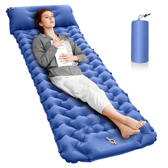 Matelas Camping Autogonflant Pliable - 10CM - Pliable - Compact - Ultra-léger - 1 Personne avec Pompe à Pied et Coussin