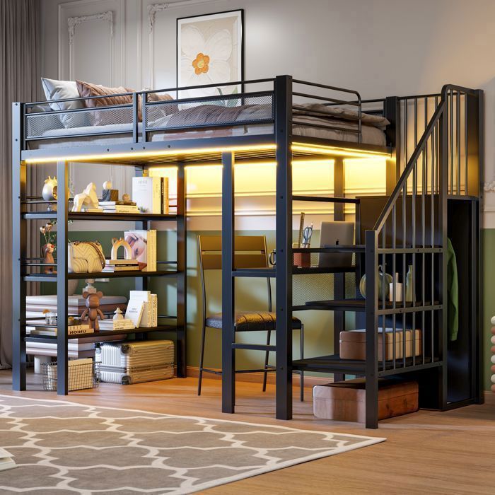 lit mezzanine 90 x 200 avec barre de lumière LED et prise lit en fer forgé avec compartiment de rangement et bibliothèque noir