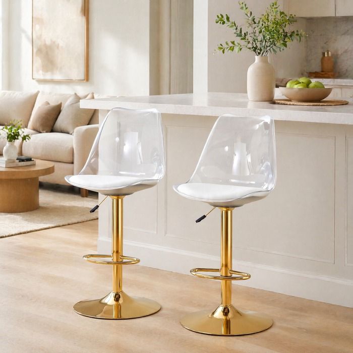 VUENOR lot de 2 tabourets de bar reglables 45 7 x 53 3 x 99-120 cm or blanc transparent