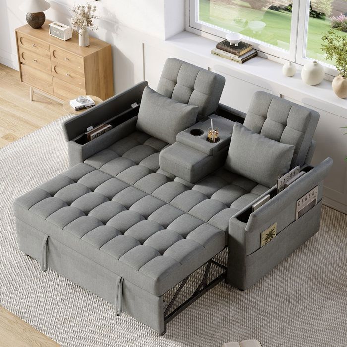 Canapé convertible 3 places - SOGEU - Banquette-Lit - Dossier réglable - Rangement intégré - Tissu mélange coton-lin gris