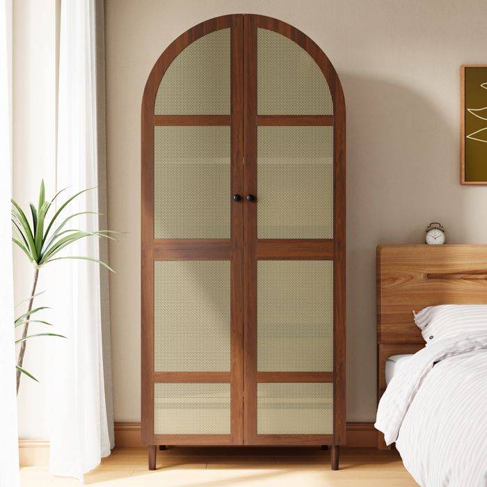 Armoire en Rotin à 2 Portes avec Tiroir Garde-Robe et Étagères Dressing Rangement Placard Casier Semi-Circulaire 80x50x179cm