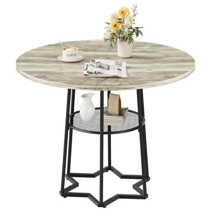 Table à manger ronde moderne 98 cm – Base hexagonale en métal avec étagère centrale – Idéale pour salle à manger cuisine ou salon
