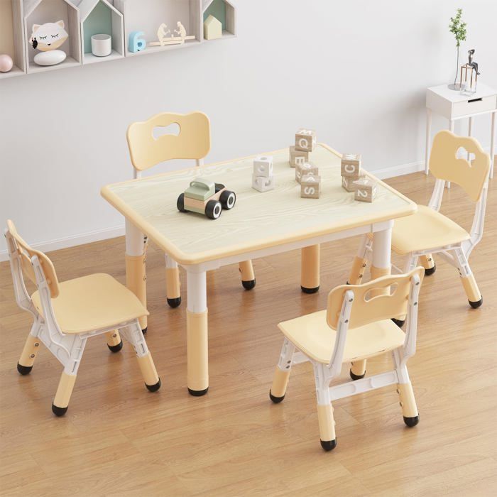 Table et 4 Chaises Enfants Hauteur Réglable avec Plateau à Graffiti avec Tableau Effaçable Coins Arrondis Antidérapants Jaune
