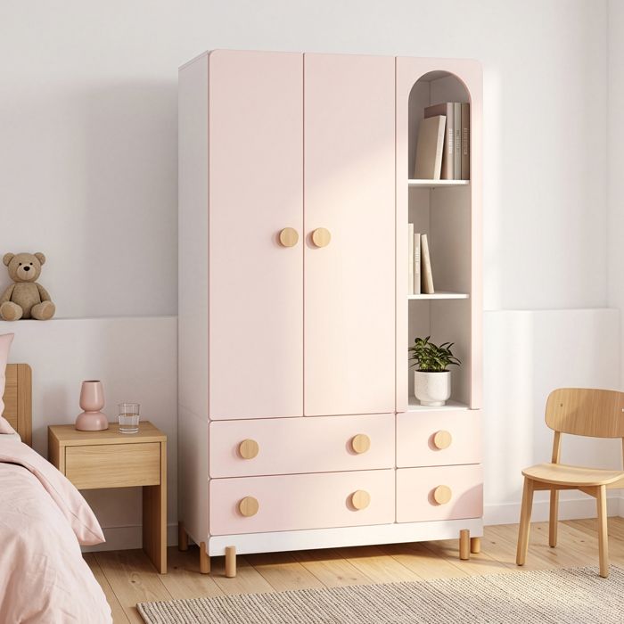 Armoire enfant Vaarentaa 2 portes 2 tiroirs 156 x 90 x 41 cm blanc rose