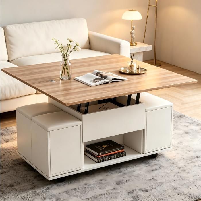 Table basse relevable multifonction 100 x 100 x 635 cm avec rangement roulettes blanc et bois naturel