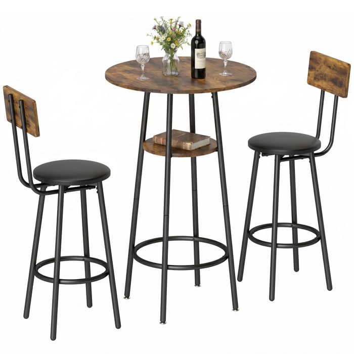Mange-Debout Table de Bar Industrielle avec 2 Tabourets Rembourrés - Table Haute de Cuisine avec Étagère - 60x60x91 cm
