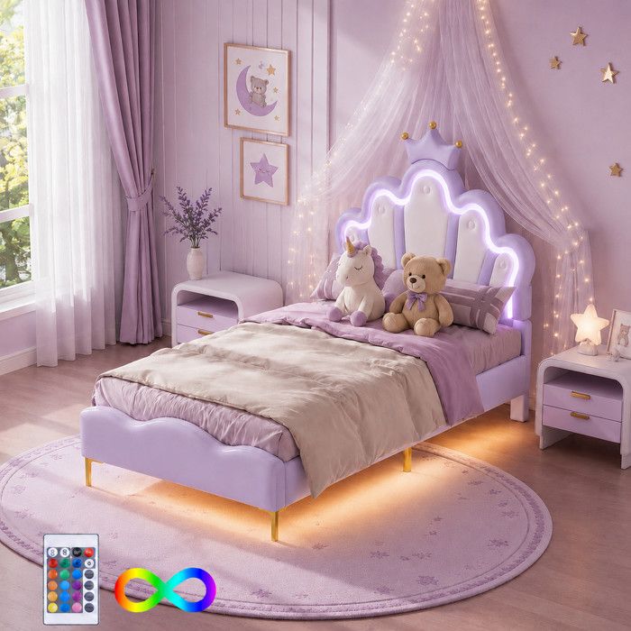 Lit enfant 90x200 cm Pour fille En forme de couronne tête rembourrage doux en cuir PU bande lumineuse ambiante LED réglable Violet