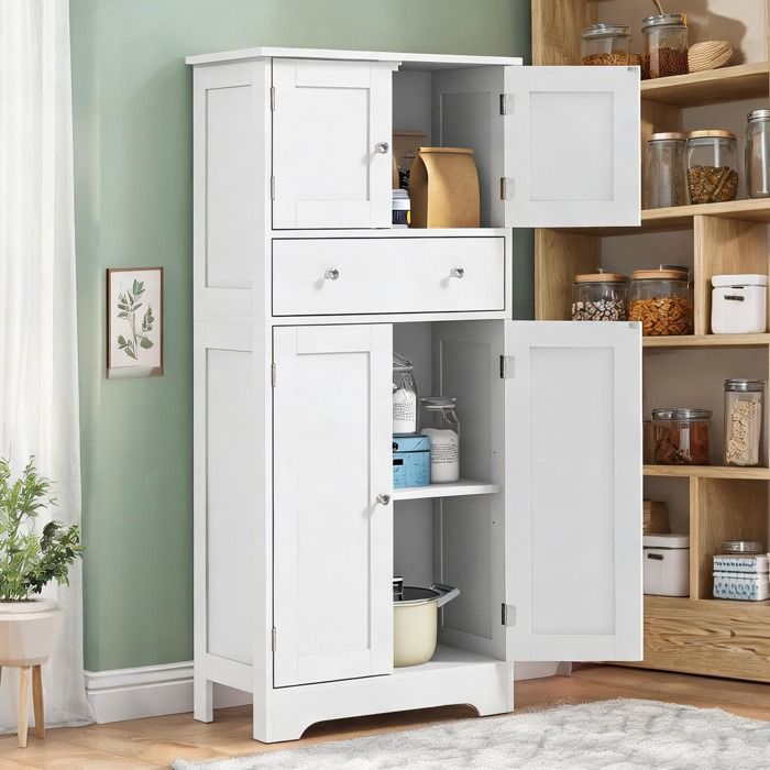 Buffet de cuisine blanc en panneau de particules 60x30x128 cm 3 rangements