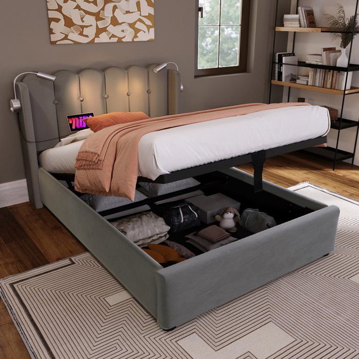 Lit coffre en velours gris avec structure en métal sommier à lattes rangement intégré 90x200 cm