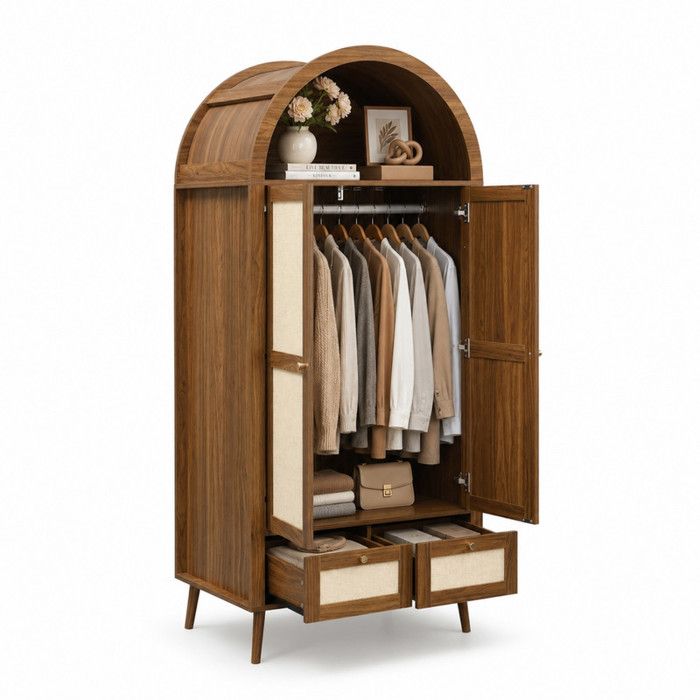 Armoire Penderie 2 Portes 2 Tiroirs 180cm Design Voûté Rotin & Noyer Rangement Chambre avec Tringle et Étagère - noyer + Beige