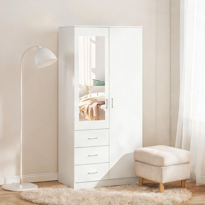 Armoire 80 x 50 x 180 cm avec Miroir 3 Tiroirs et Barre de Penderie Finition Blanc - Bianco Legno truciolare Vetro 80 x 50 x 180
