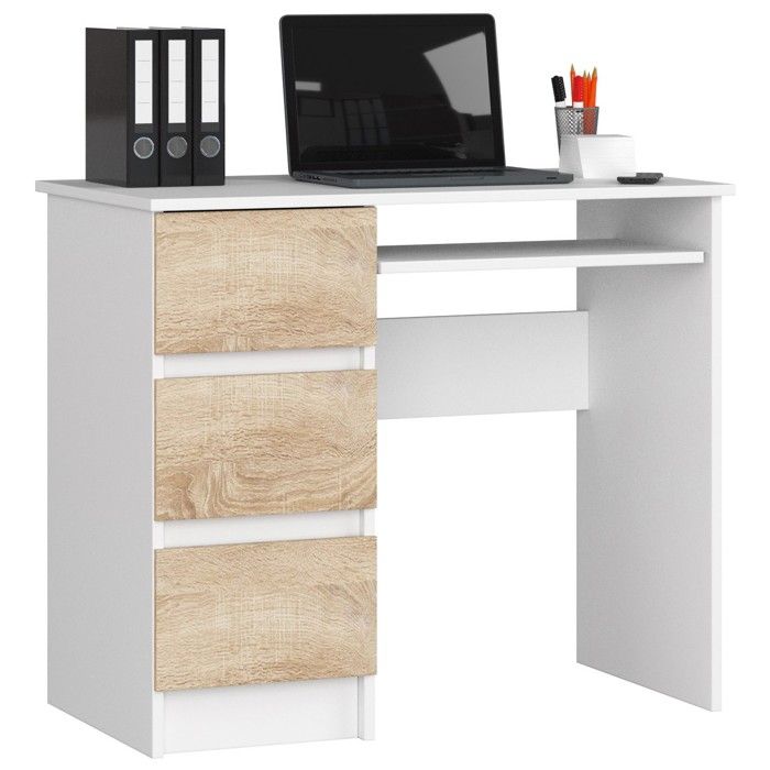 Bureau dordinateur AKORD gauche A6 Blanc 90 cm 3 tiroirs façade Chêne Sonoma 1 étagère 90x50x77 cm Bureau dordinateur AKORD gauche A6 Blanc 90 cm 3 tiroirs façade Chêne Sonoma 1 étagère 90x50x77 cm