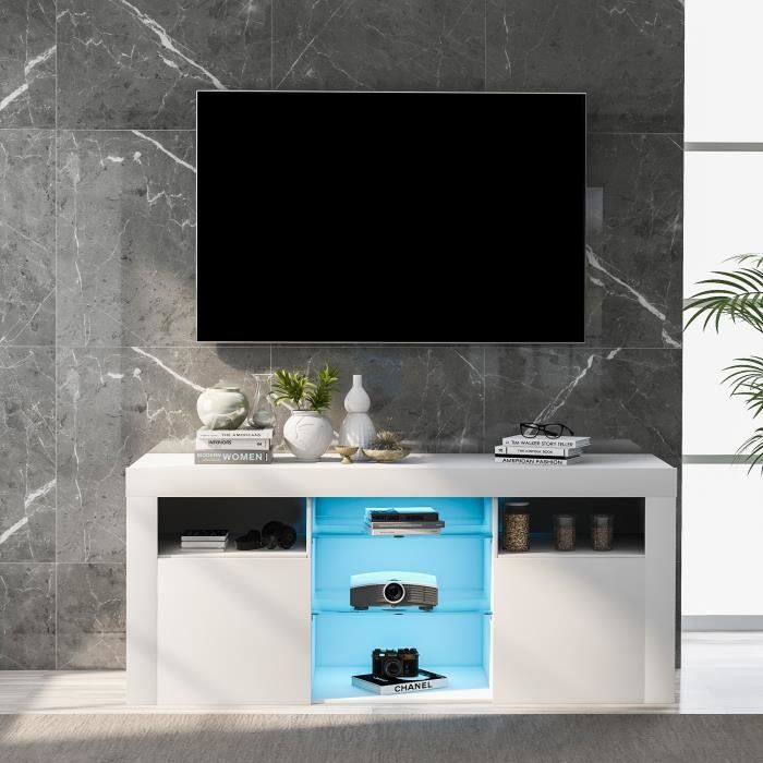 meuble tv, éclairage led 16 couleurs, espace de rangement, adapté aux téléviseurs de moins de 55 pouces, blanc 120*35*50cm