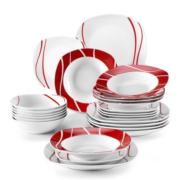 Service de table - MALACASA - FELISA - Porcelaine - 24 pièces (6 pers.) - Rayures blanches et rouges
