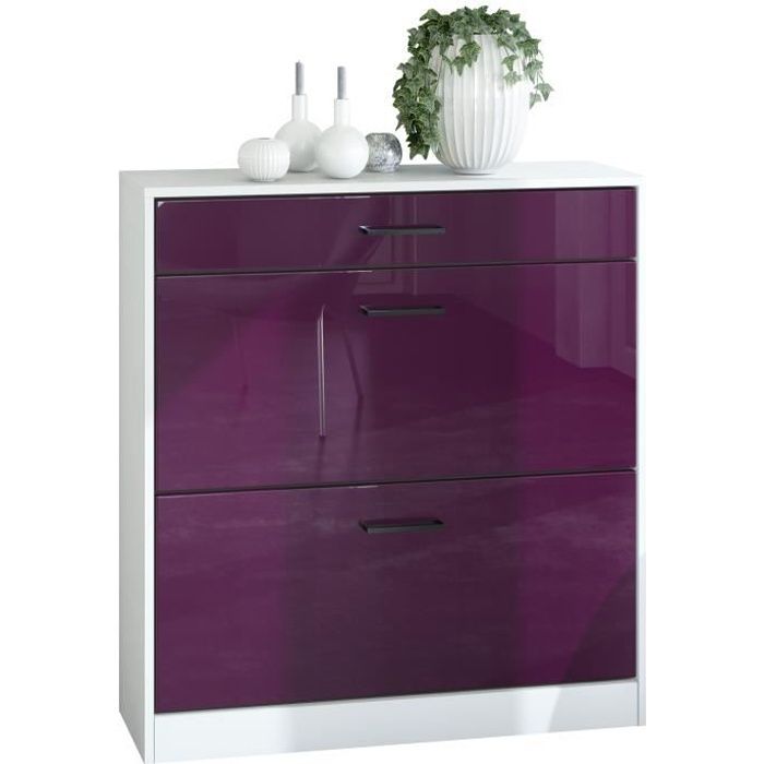 Vladon Meuble à chaussures inclinable Elvas – 89 x 95 5 x 27 cm – Caisson en Blanc mat façade en Mûre haute brillance