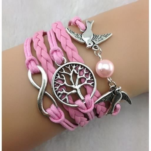Bracelet - Couple doiseau - Arbre de vie infini - Rose
