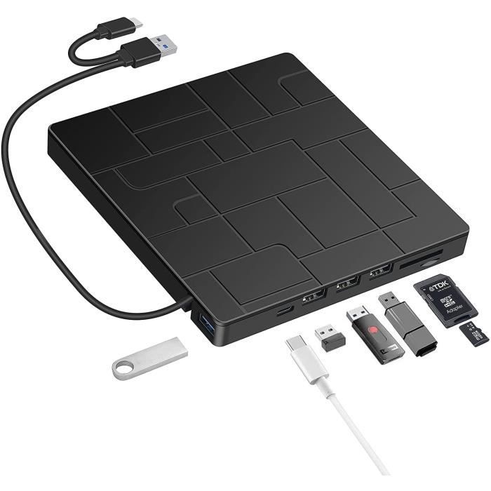 Lecteur CD-DVD Externe, Graveur DVD-CD Externe USB 3.0 et Type-C, avec Lecteur de Carte SD-TF et de USB, Lecteur CD-DVD 7 en 1 pou