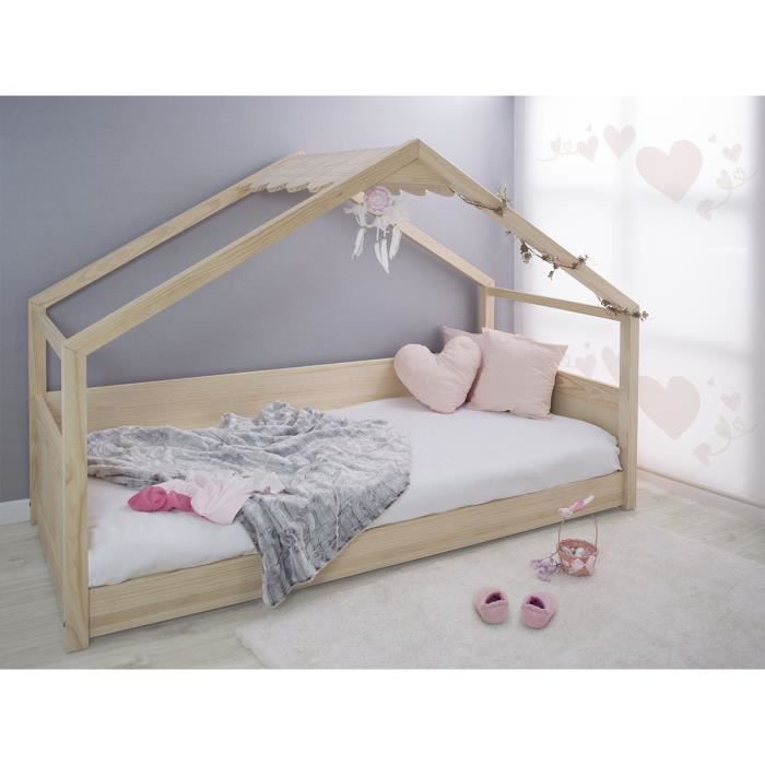 bainba - lit cabane montessori avec toit (bois) 90 x 190 cm