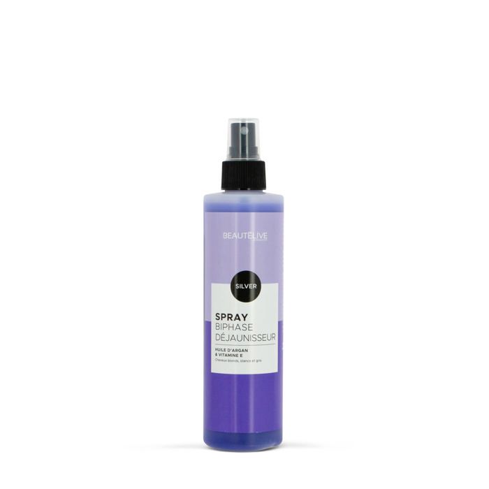 Beautélive, Spray biphasé déjaunisseur Beautélive Expert, Silver 250ml, Soin sans rinçage Cheveux Blonds/décolorés/Gris/blancs