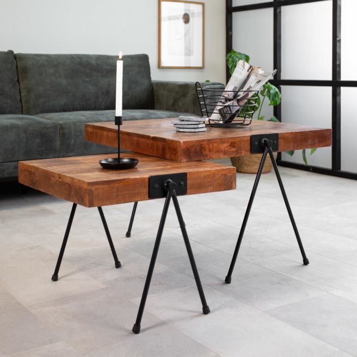 Philippe Table Basse Industrielle Bois Massif Set De 2 Cdiscount Maison