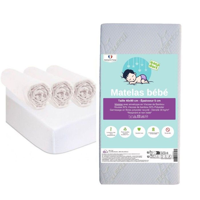 Matelas 40x90 + 3 draps housse + 2 al&egrave;ses coton bio