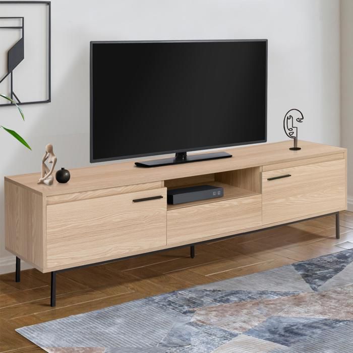 ID MARKET meuble tv SEATTLE 2 portes 180 cm bois clair à poser avec rangement