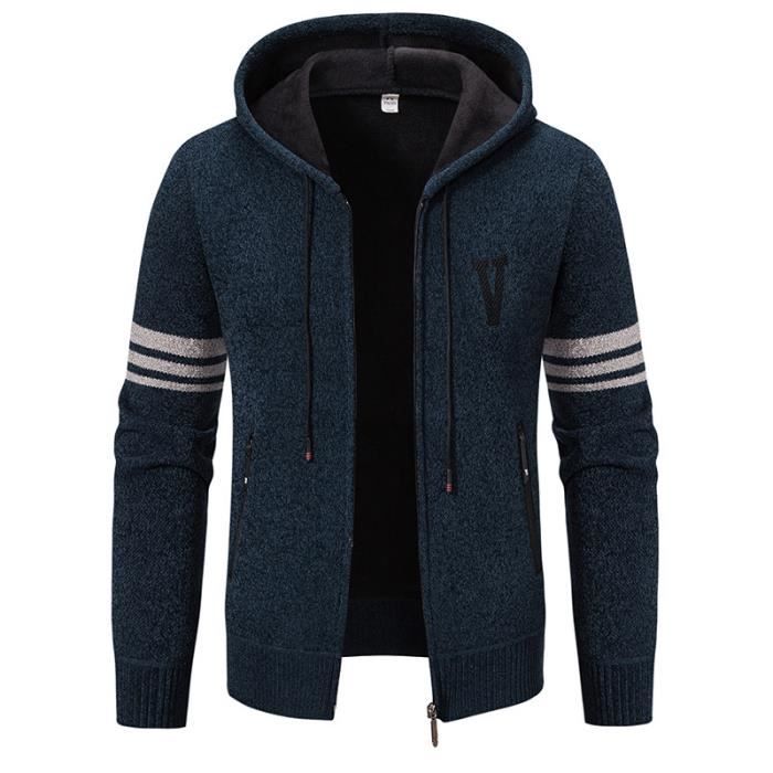 Gilet Capuche Homme En Tricot Doublé Polaire Cardigan Zippe Epais