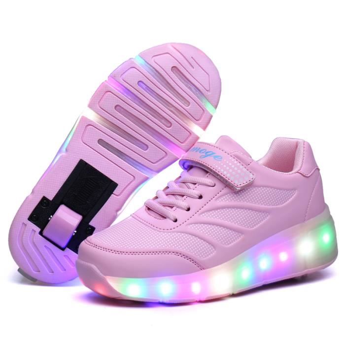 Super kids Fille Garçon LED Chaussures avec roulettes Enfant LED Lumières Lumineux Baskets avec 4 Roues USB Rechargeable Double Rangée Patins à roulettes Extérieur Chaussure de Skateboard 
