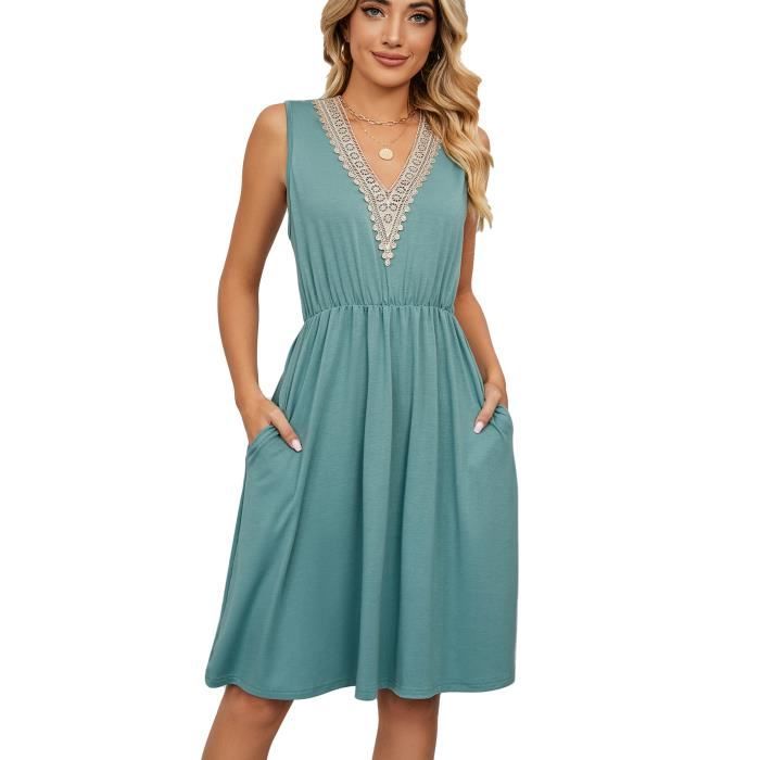 Robe D'été Courte Pour Femme - Taille élastique Avec Cordon - Manches Courtes, Col V - Couleur Unie Avec Poche - Décontractée Et Confortable