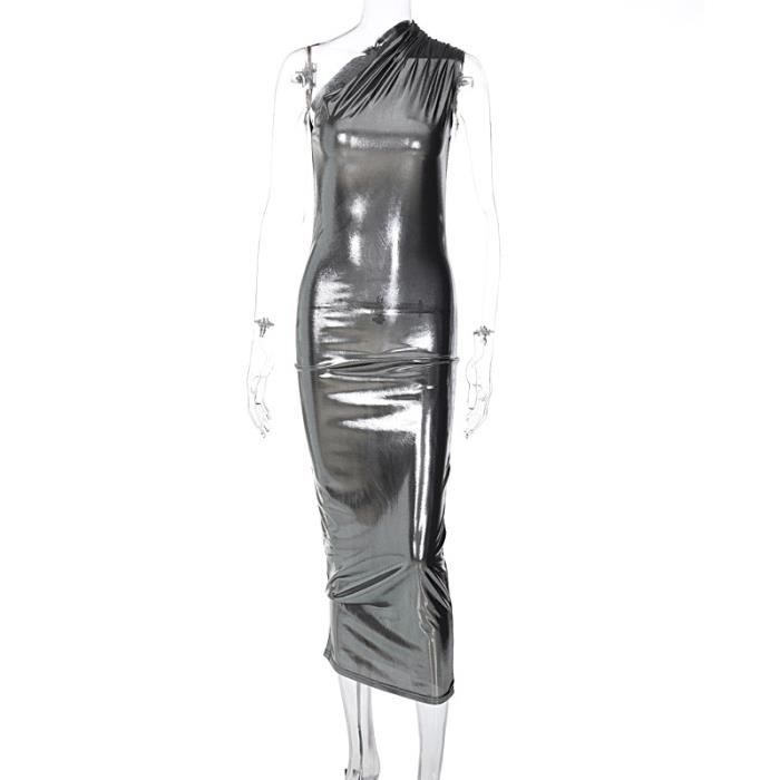 Robe métallique longue sexy à dos nu fente latérale  forme de A avec dos nu