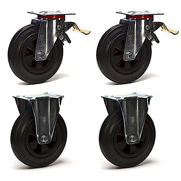 Kit 4 Roulettes Charge Lourde 250 Mm – 2 Pivotantes + 2 Fixes, 590 Kg Max, Caoutchouc Robuste Pour Meubles & Chariots Industriels