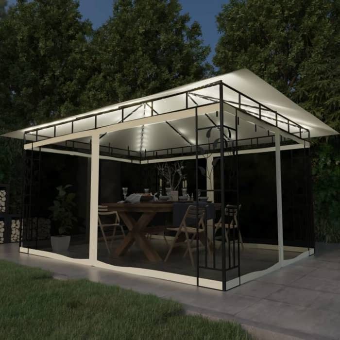 vidaXL Tonnelle avec Moustiquaire et Lumières Belvédère de Jardin Pavillon d'Extérieur Tente de Réception Chapiteau Barbecue