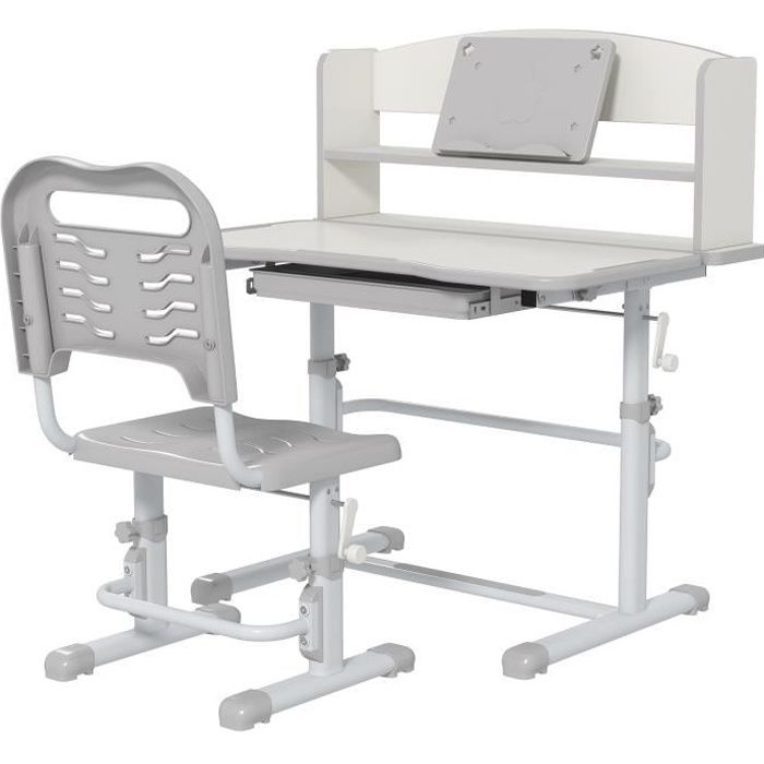 bureau enfant avec chaise - ensemble bureau et chaise réglable - support lecture, tablette, étagère - gris blanc