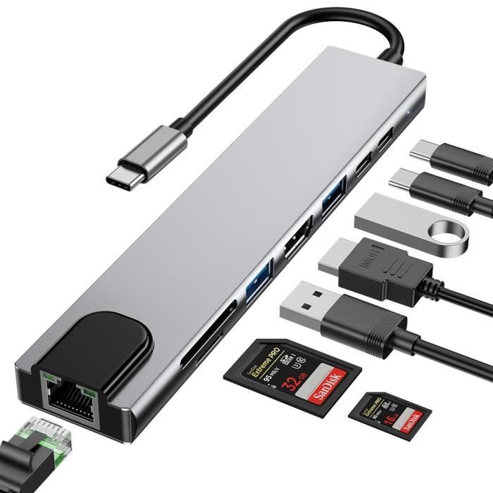HUB USB-C Adaptateur 6 en 1 avec 3x USB 3.0, Port USB-C Power Delivery,  Carte Micro-SD / SD, Swissten - Gris - Français