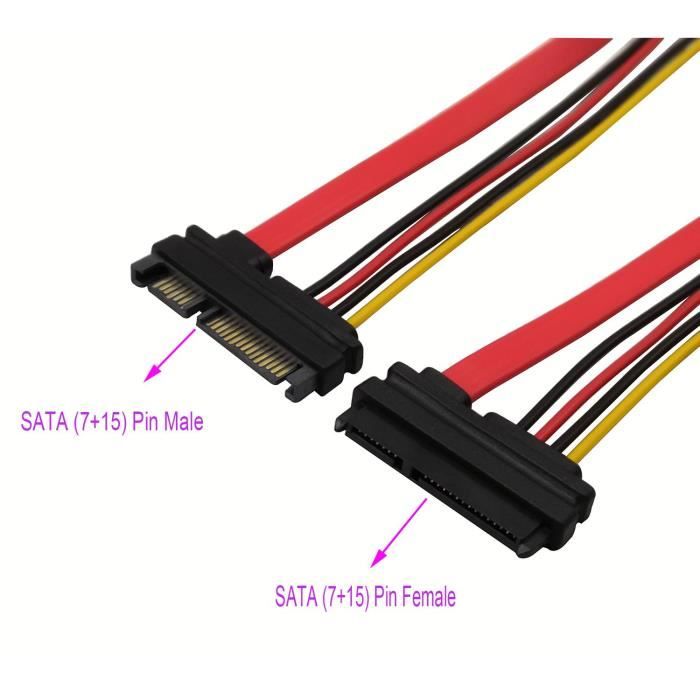 Câble Extension SATA 22 Broches Mâle Vers Femelle 30 Cm - Alimentation Et Données SATA III Câble Extension SATA 22 Broches Mâle Vers Femelle 30 Cm - Alimentation Et Données SATA III