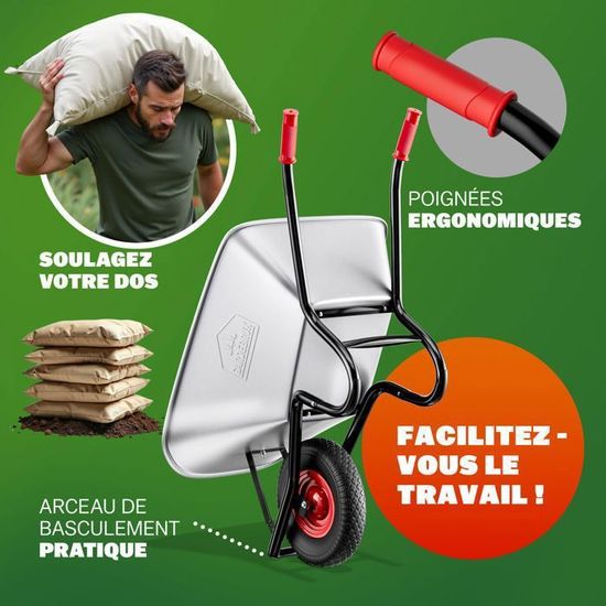 Brouette Galvanisée 80L - Gardebruk | Roue Gonflable 32cm | 100kg Charge | Jardin & Chantier