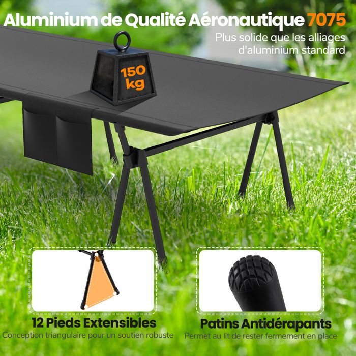 Lit de camping pliable avec oreiller et poche latérale