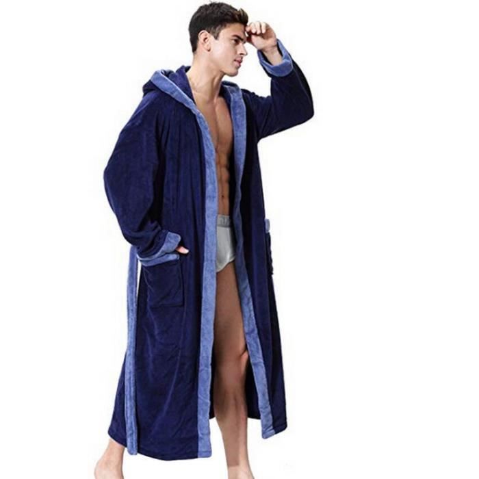 Peignoir Homme Eponge avec Capuche 100 Coton Velours Robe de Chambre Homme Peignoir de Bain Homme Eponge Ultra Doux Bleu