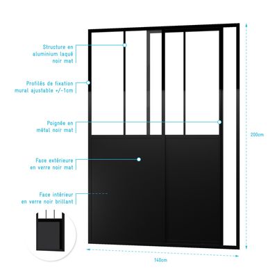 Porte de douche coulissante type Atelier 140x200cm - Profilés Noir Mat -  WORKSHOP SLIDE - Aurlane