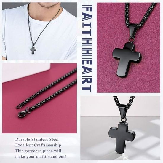 Collier Croix Chrétienne En Acier Inoxydable - Chaîne 55+5 Cm Ajustable - Pendentif Protection - 6