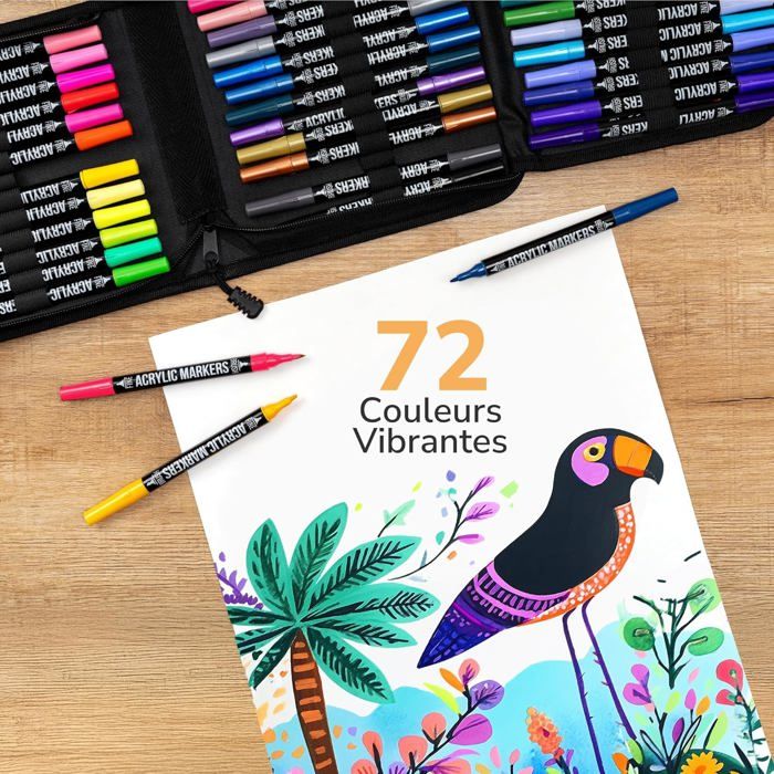 Feutres Acrylique MarkMuse Lot De 72 S - Double Pointe (1mm & Pinceau) - Pour Pierre, Bois, Toile, Verre - Séchage Rapide Marqueur Acrylique Feutres Acrylique MarkMuse Lot De 72 S - Double Pointe (1mm & Pinceau) - Pour Pierre, Bois, Toile, Verre - Séchage Rapide Marqueur Acrylique