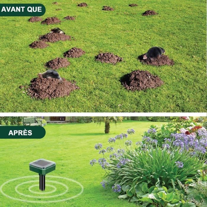 Répulsif Taupe Solaire 4 Pièces - Ultrasons + Vibrations, Anti Taupe/Serpent/Campagnol, Étanche IP66