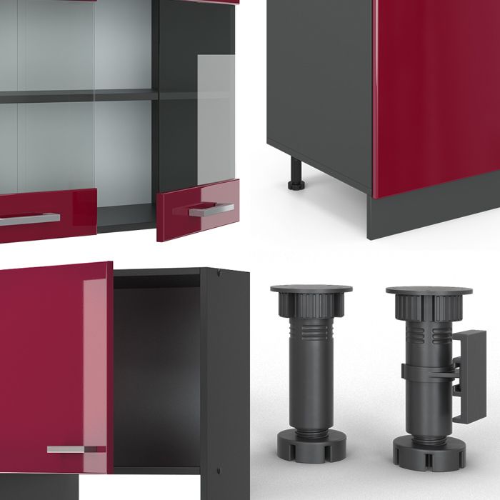 Cuisine R-Line, 300 cm , PT Chêne, Bordeaux haute brillance/anthracite
