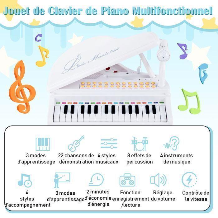 SOARS Piano à queue pour enfant 31 touches, jouets musicaux avec tabouret, piano pour enfants multifonctionnel avec microphone et lumières pour guider l' enseignement, avec karaoké mode, pour enfants