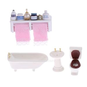 MAISON POUPÉE Miniature Baignoire Lavabo Toilette et Étagère de Serviette Meubles de Maison de Poupée Cadeau d'anniversaire pour Enfant