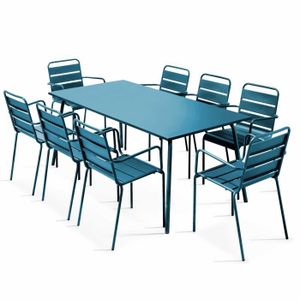 Ensemble table et chaise de jardin Table de jardin et 8 fauteuils - 180 x 90 x 72 cm - Acier - Palavas- Bleu Pacific
