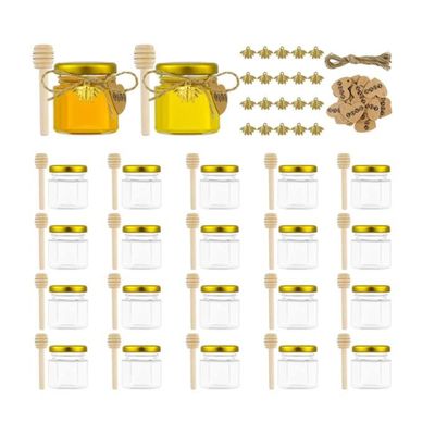 JIUHSHN Lot De 60 Mini Pots à Miel Hexagonaux En Verre De 42,5 G Avec Cuillères En Bois, Breloques Abeilles, Cartes De Remerciement, Jute Et Autocollants Pour Fête Prénatale, Fête De Mariage
